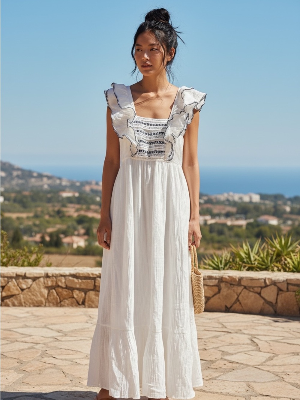 White Embroidered Ruffle-Trim Maxi Resort Style Bohemian Seema Kahai Dress Small